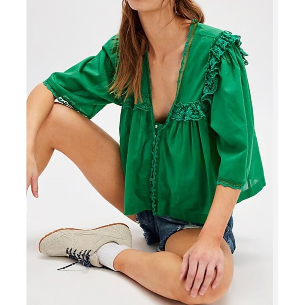 Free People‎ Luna Crop Tee lagen look boho ruffle green jolly rancher sz XS